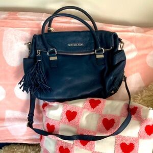 MICHAEL KORS WESTON Navy Blue LEATHER SHOULDER BAG SATCHEL Handbag Tassel